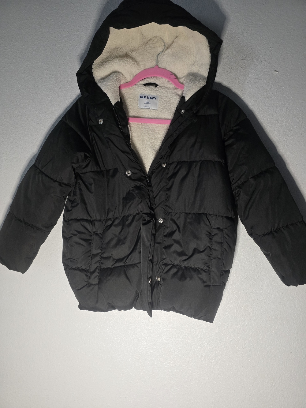 Old Navy Black Hooded Kids Puffer Jacket with Sherpa Lining